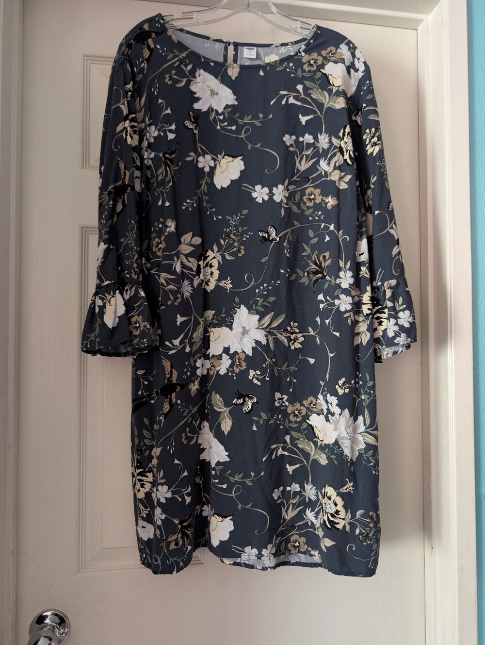 XL - Old Navy Charcoal Floral Mini Dress with White & Olive Blooms